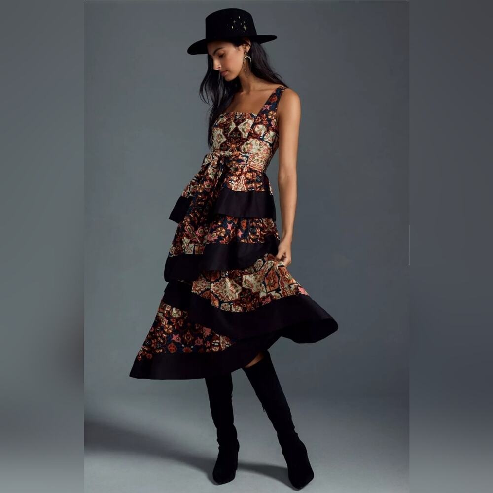 Anthropologie Floral Print Square Neck Tiered Midi Dress. Size M. Retails $180